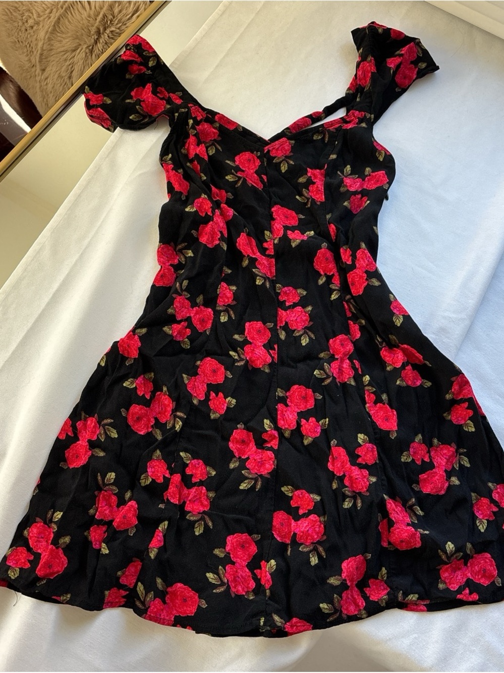 Urban Outfitters Black Mini Dress with Red Rose Print size 8